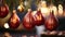 AI Generated. Beautiful burgundy Christmas tree decorations of unusual shape on a blurred festive New Year\\\'s background.