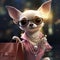 AI generated, Beautiful illustration of a cute adorable chihuahau dressed and acting like a shopping Queen. Glamorous clothing