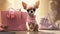 AI generated, Beautiful illustration of a cute adorable chihuahau dressed and acting like a shopping Queen. Glamorous clothing