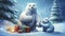 AI generated, Beautiful illustration of a cute adorable polar bears with Christmas presents sitting in the snow.