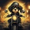 AI generated, Beautiful illustration of a tough looking dog riding a motorcycle. Pixar style character. Sweet dog riding