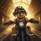 AI generated, Beautiful illustration of a tough looking dog riding a motorcycle. Pixar style character. Sweet dog riding