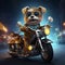 AI generated, Beautiful illustration of a tough looking dog riding a motorcycle. Pixar style character. Sweet dog riding