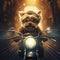 AI generated, Beautiful illustration of a tough looking dog riding a motorcycle. Pixar style character. Sweet dog riding