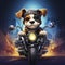 AI generated, Beautiful illustration of a tough looking dog riding a motorcycle. Pixar style character. Sweet dog riding