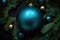 AI generated. Blue Christmas tree toy ball decoration on a fluffy tree fir branch