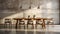 AI generated a bright living room with elongated wooden dining table with matching chairs