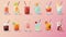 AI generated, bundle of cocktails set. Illustration of different coctails on a pastel background