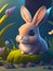 AI generated cartoon bunny sitting atop a lush green meadow of wildflowers