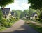 Ai generated a charming street scene with colorful houses and trees