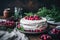 AI generated. Christmas cake glazed and decorated with white cream and sugared cranberries on festive rustic table