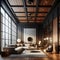 Ai Generated classic modern industrial living room design with wooden accents, dark room interior design with wooden furniture and