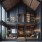 Ai Generated classic modern industrial living room design with wooden accents, dark room interior design with wooden furniture and