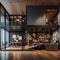 Ai Generated classic modern industrial living room design with wooden accents, dark room interior design with wooden furniture and