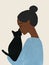 Ai Generated A Closseup Portrait of An African Black Woman In Blue Sweater Holding a Black Cat In her Arms, Minimalistic Flat