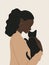 Ai Generated A Closseup Portrait of A Black Woman with Black Hair In a Ponytail and Beige Sweater Holding a Black Cat In her
