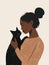 Ai Generated A Closseup Portrait of A Black Woman with a Bun In Beige Sweater Holding a Black Cat In her Arms, Minimalistic