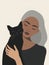 Ai Generated A Closseup Portrait of A Black Woman With Smooth Grey Hair In Grey Sweater Holding a Black Cat In her Arms,