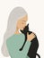 Ai Generated A Closseup Portrait of A White Mature Woman With Smooth Grey Hair In Blue Sweater Holding a Black Cat In her Arms