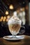 AI generated Coffee with whipped cream on a black background, splashes and drops