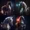 AI-generated collage illustration of a white horse in armor with the background of space