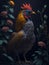 Ai generated a colorful painting of a rooster standing among a bed of vibrant flowers