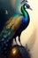 AI-generated colorful peacock standing on a gold ball
