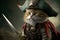 Ai generated. Cute pirate cat with a hat called tricorn or tricorne 3d character and a costume holding a sword
