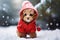 ai generated Cute red toy poodle puppy dog dressed in red warm suit walking in snowy winter forest Greeting card New Year holidays