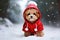 ai generated Cute red toy poodle puppy dressed in red warm suit walking in snowy winter forest Greeting card New Year holidays