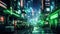 AI Generated Cyberpunk city with neon lights and light green and black streets