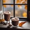 Ai generated.Delicious chocolate milk or hot cocoa on the windowsill. Fall leaves for decoration. Autumn season