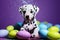 Ai generated digital art of a hyper-realistic dalmatian dog surrounded by colorful eggs
