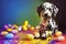 Ai generated digital art of a hyper-realistic dalmatian dog surrounded by colorful eggs