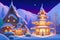 AI Generated Digital Illustration of a picturesque Christmas Village Covered With Snow and Christmas Decorations