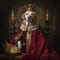 AI generated dog wearing crown and a luxurious coat is perched regally on throne