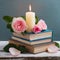 AI generated Firefly Candle of warmth and rose flowers on books