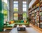 AI Generated Firefly modern libraries with big windows, built in wooden shelving with colorful books, green leath