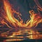 AI generated flames of fire rising high from the water with ripples