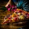 AI generated freshly prepared Hawaiian pizza on wooden board