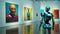 AI generated futuristic image of a robot looking at paintings on an art exhibition