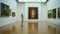 AI generated futuristic image of a robot standing alone in an art gallery and admiring art