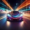 AI generated futuristic sports car driving on a vibrant city street