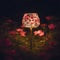 Ai generated garden lamp glowing in the midst of fowers