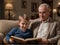 AI Generated Grandfather Reading to Grandson on Couch for World Grandparents Day