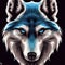 AI generated gray wolf's face with blue eyes against a black background