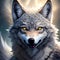 AI generated gray wolf with yellow eyes and patterned forehead