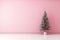 AI generated. Green Christmas Tree decorated with toy balls on pink wall