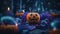 AI generated Halloween background with pumpkins and water drops. Halloween holiday concept