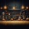 AI-Generated: halloween-inspired kitchen with wooden floor, dolls, pumpkins, and jars
